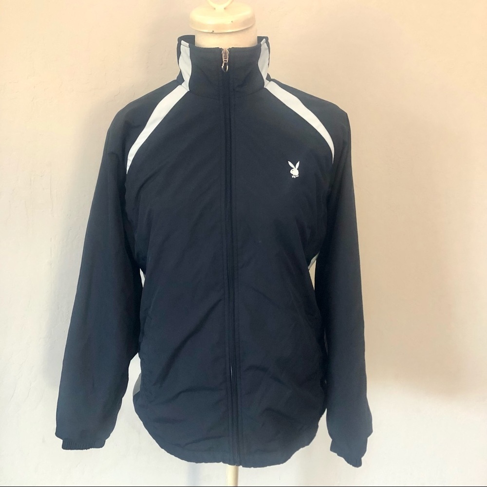 Playboy Physical Navy Blue and White Zip-Up Track Jacket - Size L/XL
